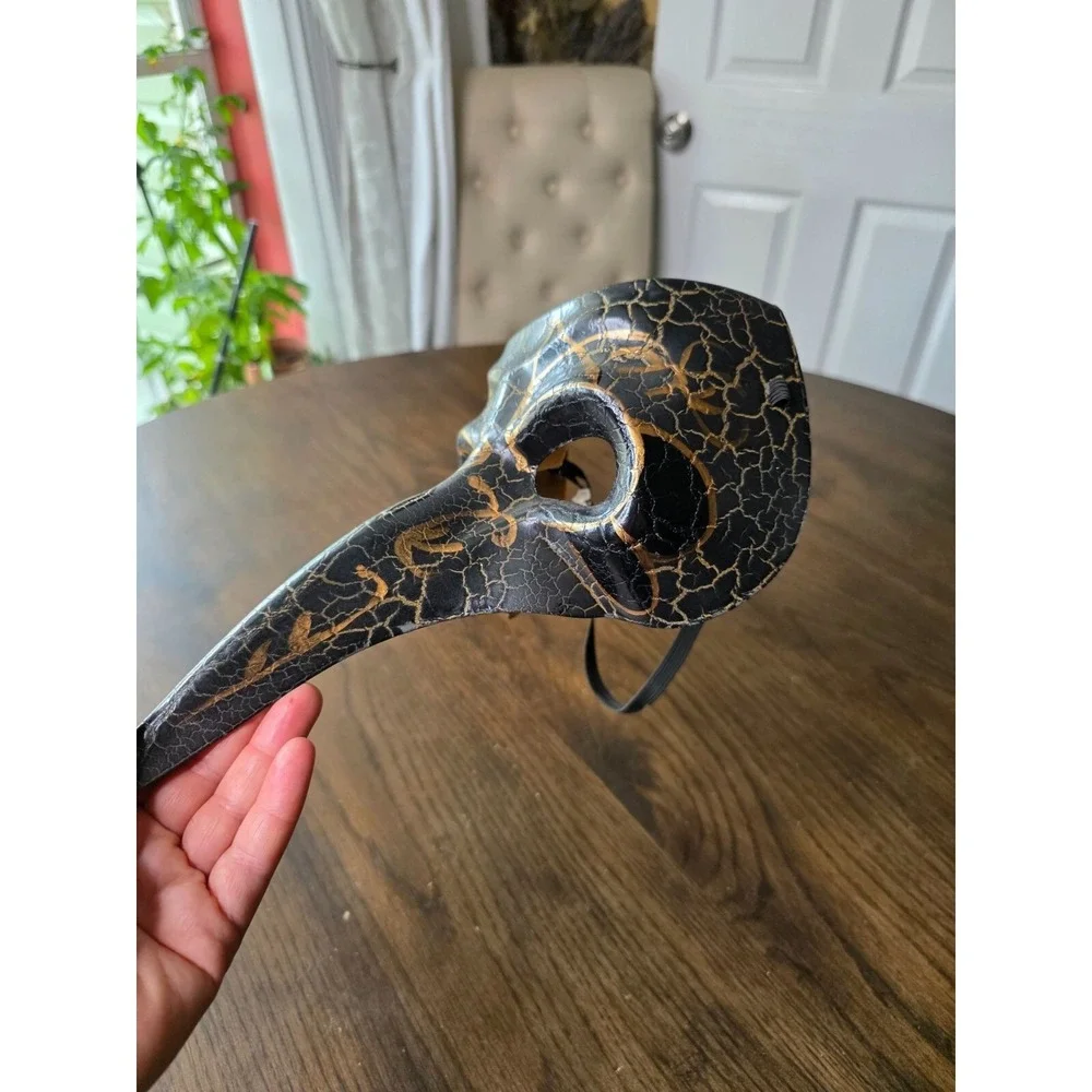 Black & Gold Crackle Plague Doctor Mask With Long Nose & Elastic Strap